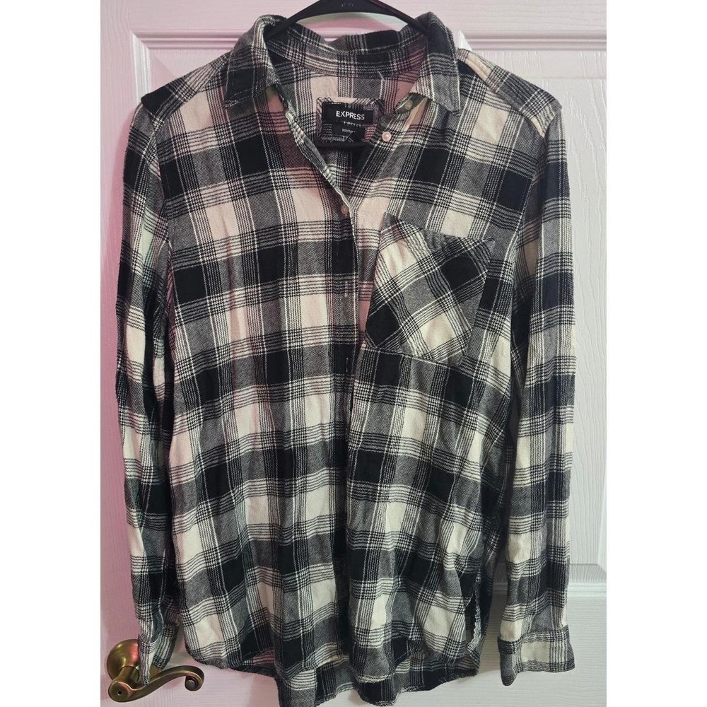 Express Black White Plaid Flannel Button Down Shirt Boyfriend Fit Women's Small